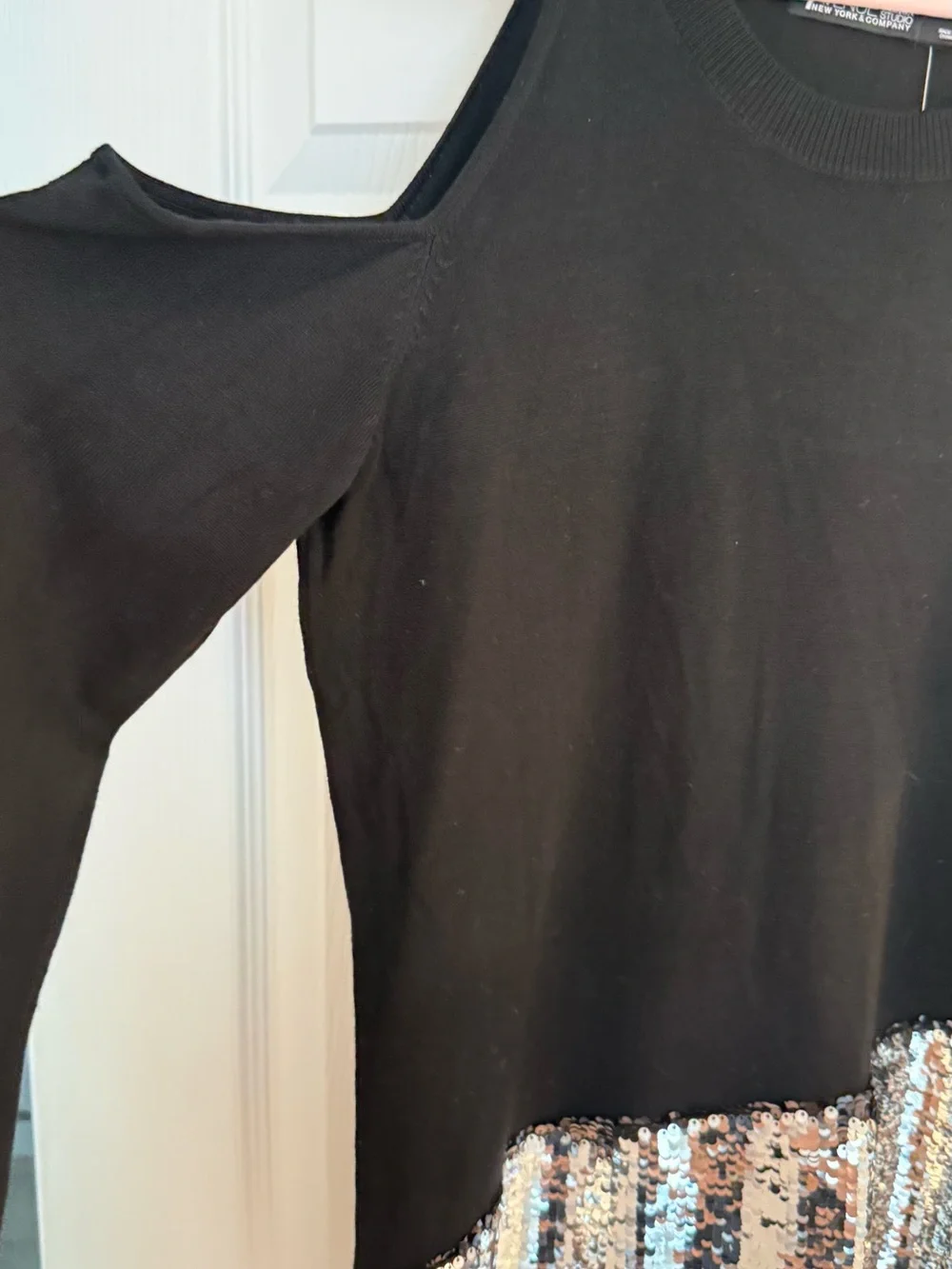 New York & Company Black Cold-Shoulder Skirt with Silver Sequin Hem